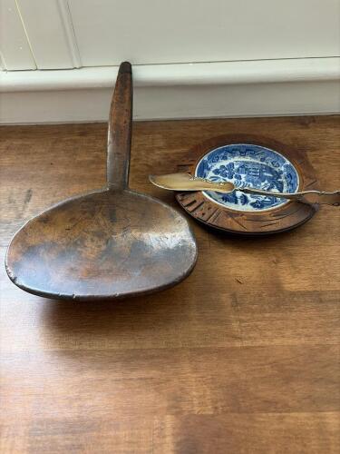 Antique Butter Serving Set: Blue Willow Dish, Wooden Paddle