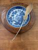 Antique Butter Serving Set: Blue Willow Dish, Wooden Paddle - 2
