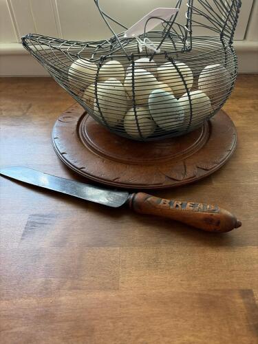 Vintage Wire Hen Egg Basket, Breadboard and Knife