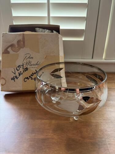 Vintage Footed Glass Serving Bowl with Etched Floral Design,