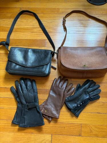 Brown & Black Leather Bags, 3 Pairs Women's Leather Gloves