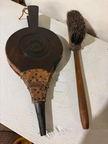 Antique Wood & Leather Fireplace Bellows and Cleaning Brush