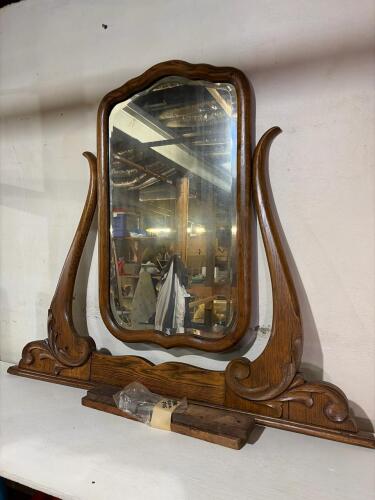 Antique Oak Dresser Mirror, 38.5" Wide, Ornate Victorian Revival, Tilting Tabletop Stand