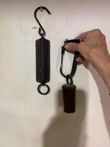 Antique Chatillon's Balance No.2 50lb Spring Scale & Pair of Vintage Iron Cowbells w/Straps