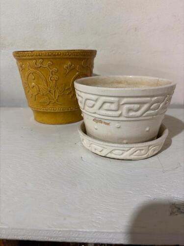 Vintage McCoy Greek Key White Planter & Bauer Yellow Jardini&egrave;re
