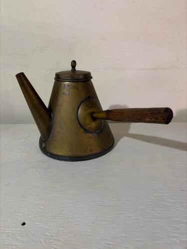 Vintage French Brass Coffee Pot, Wood Handle, 5.3" Tall, 6.5" Base, Made in France