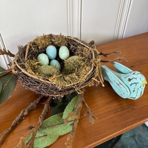 Faux Birds Nests with Wooden Eggs and Bluebird