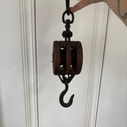Vintage Double-Sheave Wooden Pulley Block with Iron Hook