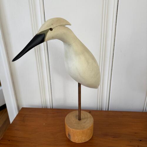 Hand-Carved Wooden Egret or Heron Sculpture
