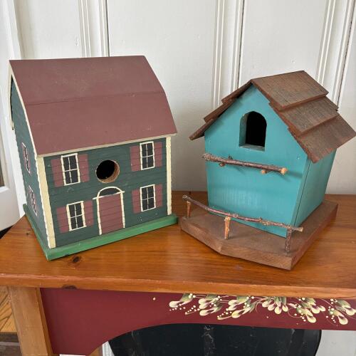Pair of Handcrafted Wooden Birdhouses One Signed By Artist