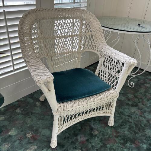 White Faux Wicker Armchair with Teal Cushion