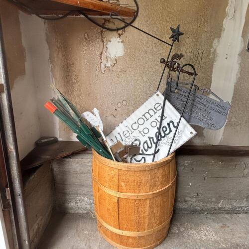 Garden Decor Lot in Half Whiskey Barrel