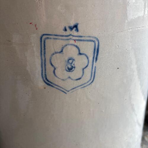 Antique 8-Gallon Stoneware Crock with Blue Shield Flower Mark