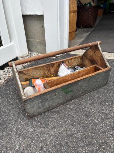 Vintage Wooden Toolbox Tote with Contents