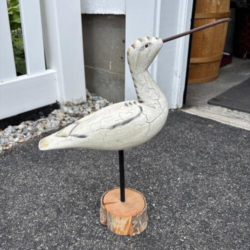 Decorative Wooden Shorebird Decoy on Bark Wood Base