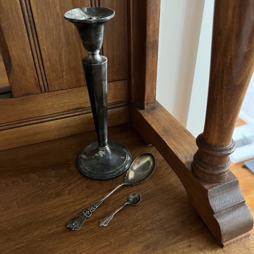 Sterling Silver Spoons and Weighted Sterling Candlestick Holder