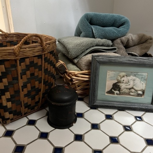 Assorted Home Decor: Framed Print, Baskets, Towels