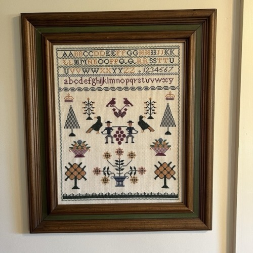 Framed Cross Stitch Sampler with Alphabet and Motifs