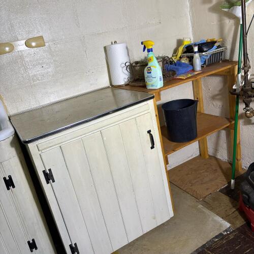 Wood Storage Cabinet with Laminate Top & Wooden Table with Shelf