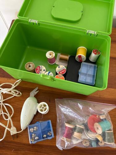 Large Green Sewing Box with Vintage Thread Spools, Electric Scissors, Bobbins & Notions