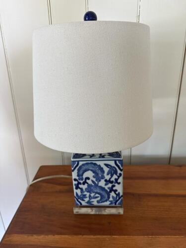 Blue and White Chinoiserie Porcelain Table Lamp with White Fabric Shade