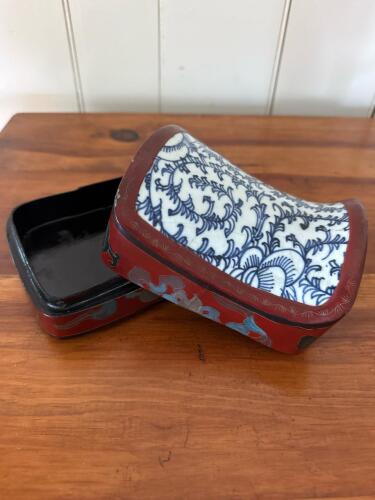 Vintage Chinese Ceramic Pillow with Lacquered Wooden Box