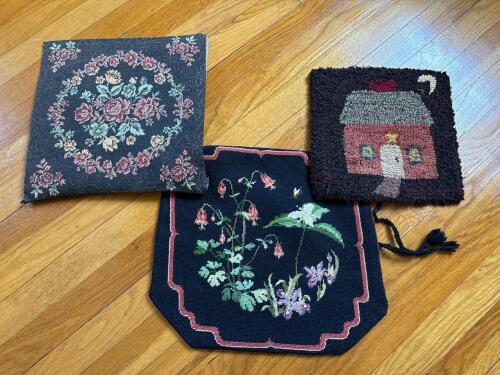 Set of 3 Handmade Needlepoint and Hooked Wool Chair Cushions