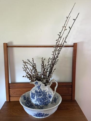 ERIE England Blue Floral Transferware Wash Basin & Pitcher Set