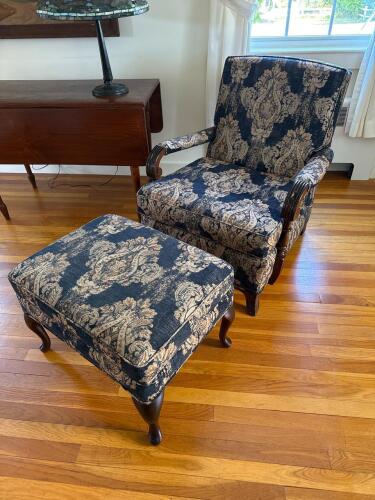 Traditional Blue & Tan Damask Armchair & Ottoman Set