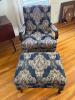 Traditional Blue & Tan Damask Armchair & Ottoman Set - 2