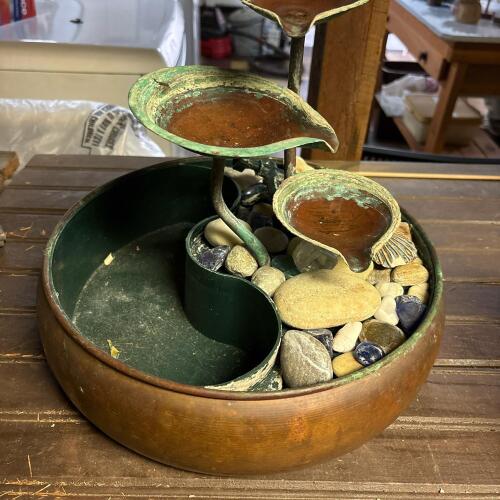Decorative Tabletop Water Fountain with Stones and Metal Basin