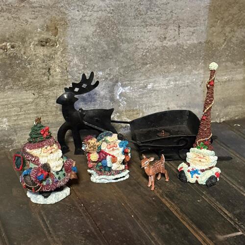 Possible Dreams Crinkle Claus Santa Figurines Lot with Fawn and Metal Reindeer Sleigh