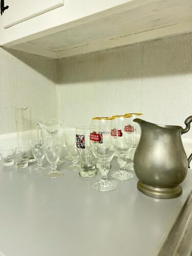 Assorted Barware Glasses and Metal Pitcher