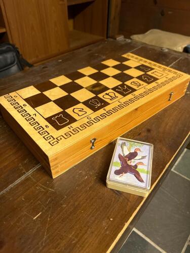 Chess Set with Ornate Pieces and Playing Cards