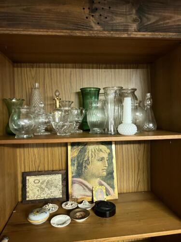 Assorted Glass Vases, Pitchers, Trinket Dishes, Art Plaque
