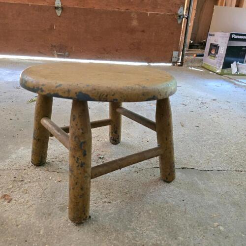 Small Vintage Wooden Stool with Worn Paint