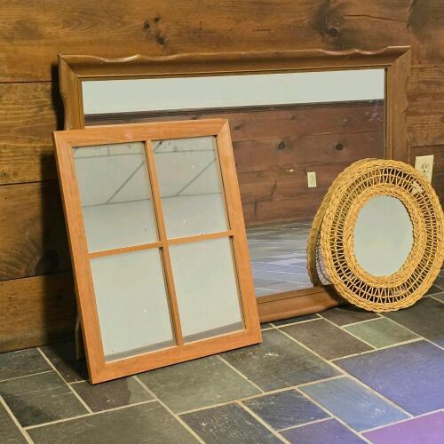 Three Framed Mirrors: Wood and Wicker Styles