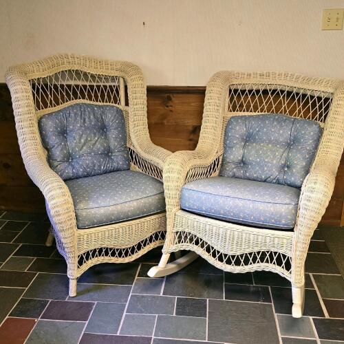 Pair of American Sampler Wicker Rocking Chairs