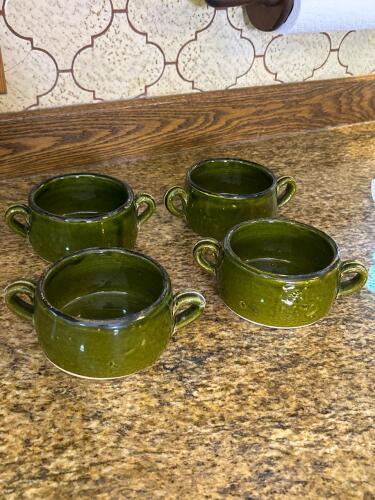 Four Green Glazed Ceramic Soup Bowls