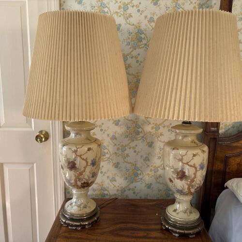 Pair of Floral Ceramic Lamps with Pleated Shades