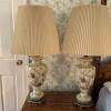 Pair of Floral Ceramic Lamps with Pleated Shades