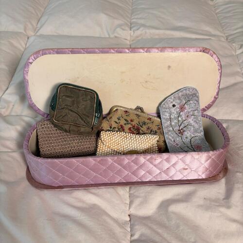 Five Vintage Coin Purses with Pink Quilted Case