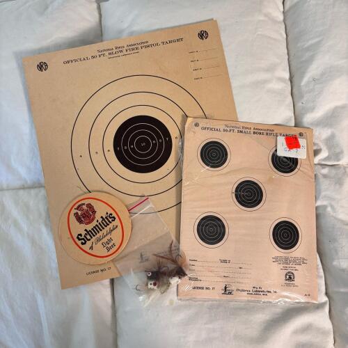 Vintage Shooting Targets, Beer Coaster, Fishing Flies Lot
