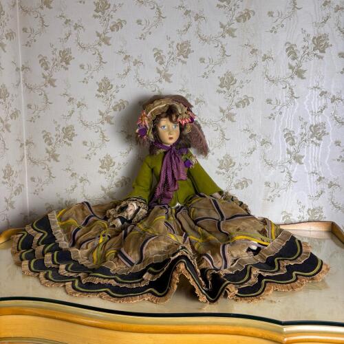 Vintage Cloth Doll with Period Dress and Flower Bonnet