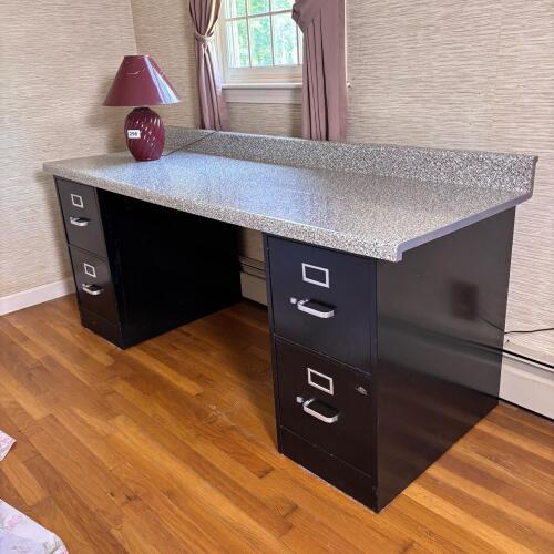 Speckled Laminate Office Desk with File Cabinets
