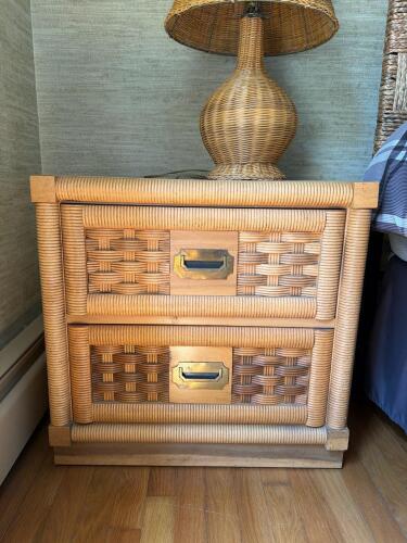 Rattan Two-Drawer Nightstand with Brass Pulls