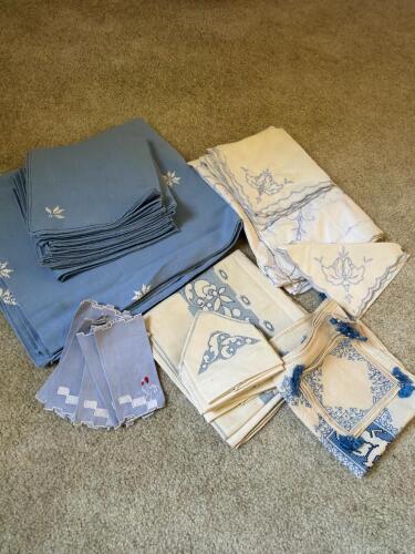 Assorted Embroidered Linen Table Linens, Blue and Ivory