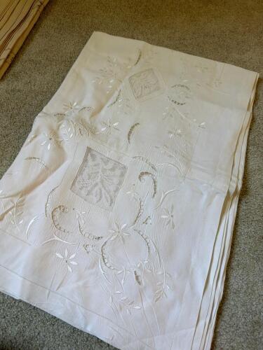 White Embroidered Linen Tablecloth with Cutwork