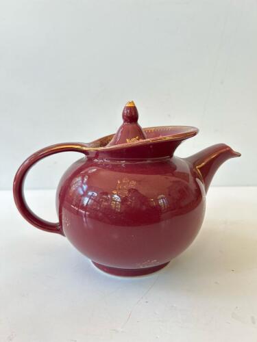 Burgundy Teapot with Gold Trim and Floral Motif