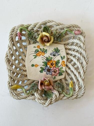 Porcelain Basket Dish with Applied Flowers
